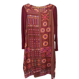 Global Desi Woman's Top Kurta Medium Red Boho Gypsy Slits Tunic Blouse Sheer